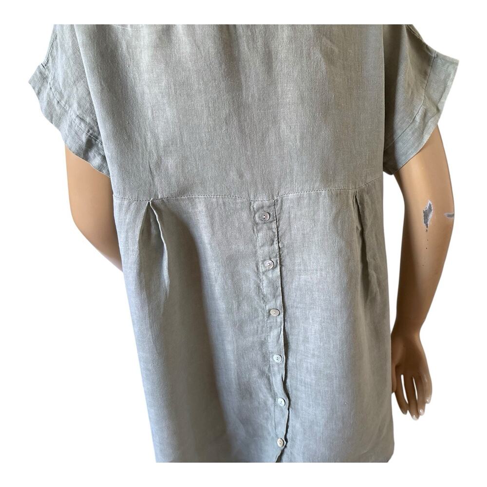 Terzo Millennio Olive Linen Tunic Top Short Sleeve Size Medium Back Button Italy - Picture 5 of 8
